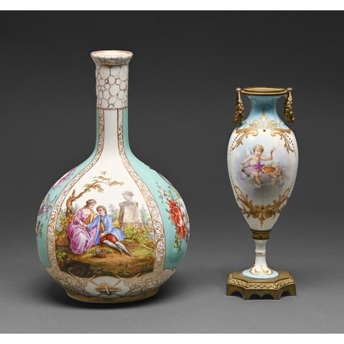 406 - A German porcelain vase, c1900, of bottle shape, painted with scenes of lovers alternating with turq... 