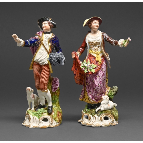 409 - Two Derby figures of the Dresden Shepherds, c1830, decorated in bright enamels and richly gilt on pi... 