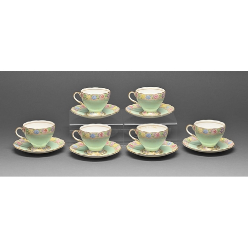 418 - A set of six E Brain & Co Foley China floral cups and saucers, 1930s, saucer 12cm diam, printed ... 