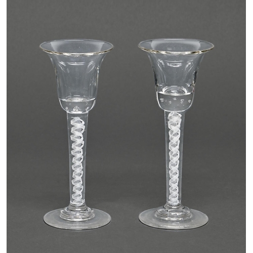 455 - A pair of wine glasses, late 19th / 20th c, the bell bowl on double series opaque twist stem, 15.5cm... 