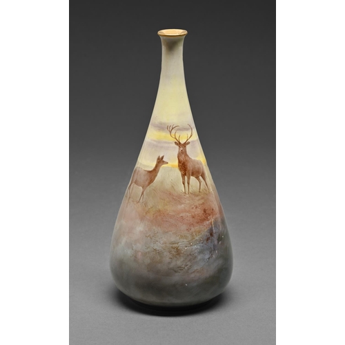 458 - A Royal Doulton Luscian Ware vase, c1900, painted by J Hancock, signed, with a stag and doe in a con... 