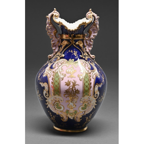 459 - A Royal Crown Derby vase, 1897, decorated with a raised gilt, green and pink cartouche or trellis on... 