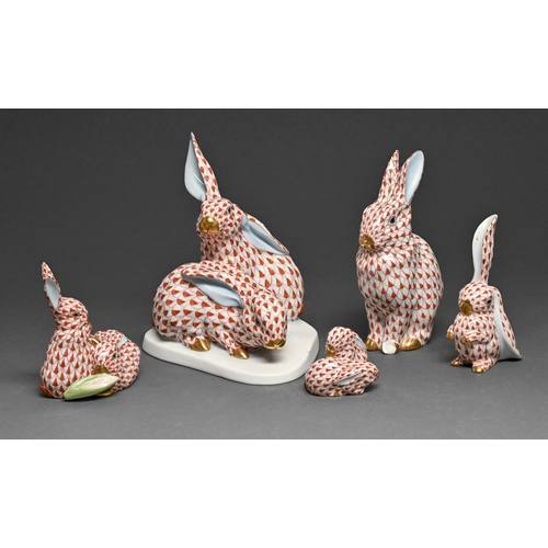 468 - Five Herend models of rabbits, largest 14cm h, printed mark