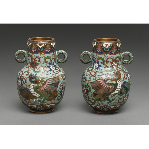 469 - A pair of Chinese cloisonne enamel twin dragon vases, late 19th / early 20th c, 15cm h, commendation... 