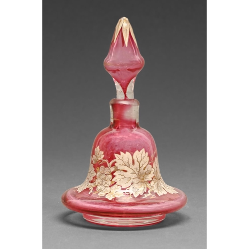 473 - A Victorian bell shaped cranberry glass enamelled and gilt scent bottle and stopper, 14cm h... 