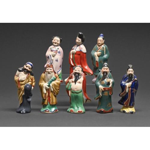 476 - A set of eight Chinese painted biscuit and glazed figures of immortals, first half 20th c, 10cm h an... 