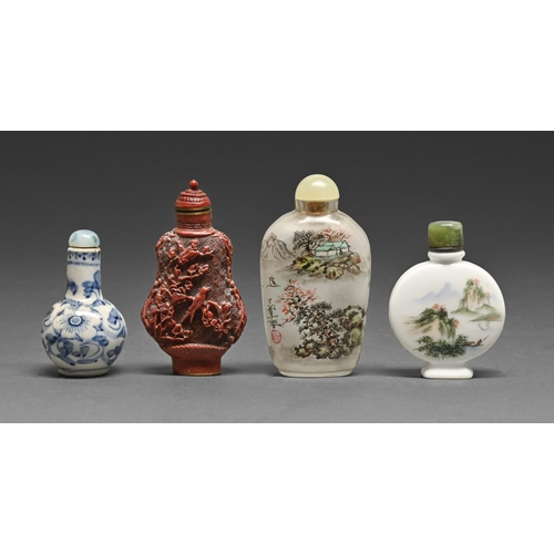 478 - Four Chinese snuff bottles, 20th c, of carved cinnabar lacquer, interior painted glass and porcelain... 