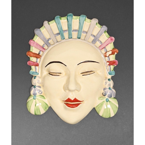 484 - Clarice Cliff. An A J Wilkinson 'Marlene' wall mask, 1930s, 18cm h, printed Bizarre mark... 