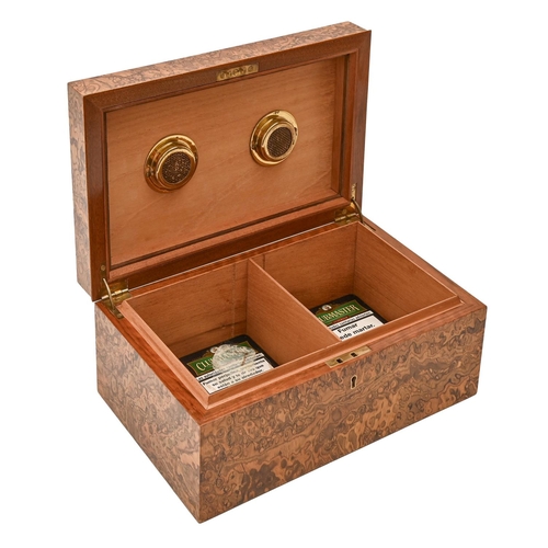 594 - A burr walnut humidor, with brass presentation plaque, 15 x 35 x 21cm