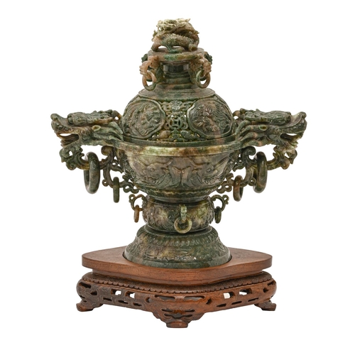 598 - A Chinese spinach jade dragon handled incense burner and cover, late 20th c, with loose ring handles... 