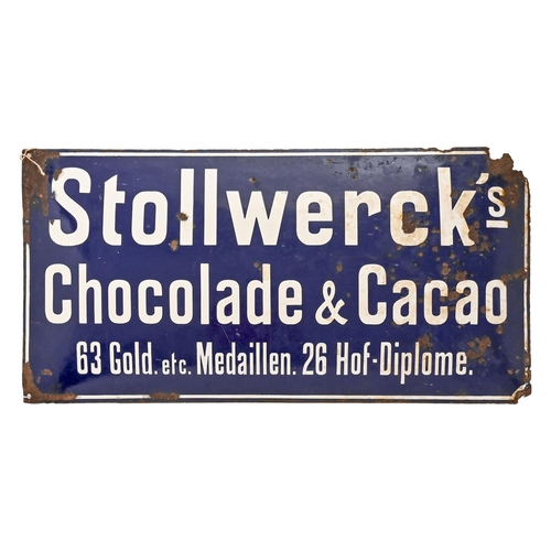 603 - Advertising. Stollwerck's Chocolade & Cacao white and blue enamel sign, early 20th c, 50 x 100cm... 