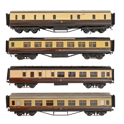 608 - Four 7mm finescale GWR twin bogie corridor coaches by Exley, including a 1st/3rd side corridor, a 1s... 