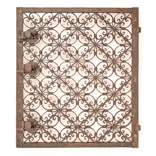 651 - A French wrought iron casement grille with three locks, 19th c, 47 x 41cm, keys