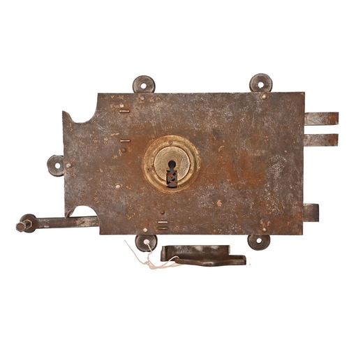 652 - A brass mounted steel rim lock, early 19th c, with bolt 33 x 20cm