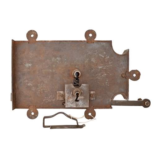 652 - A brass mounted steel rim lock, early 19th c, with bolt 33 x 20cm