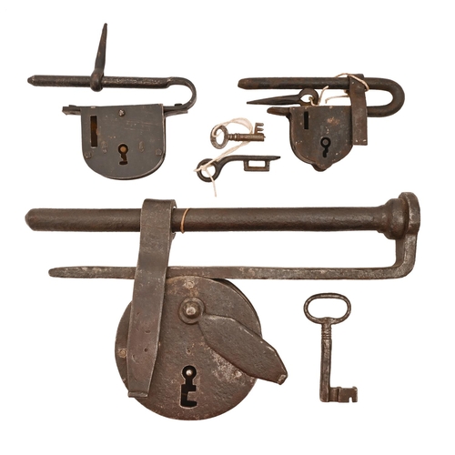 654 - An iron gate lock and key, perhaps blacksmith-made, 19th c, 32cm l, key and two other similar but sm... 