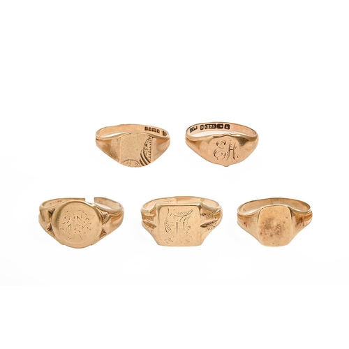 67 - Five 9ct gold signet rings, 11.4g, various sizes