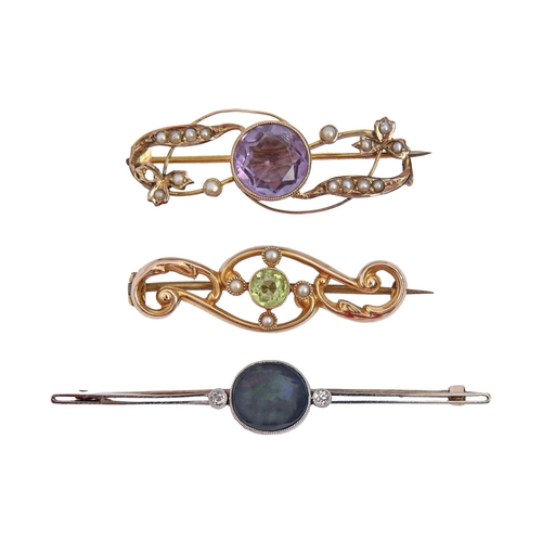 68 - A peridot and seed pearl brooch, in 15ct gold, 37mm l, Chester 1911, 2.2g, a black opal diamond bar ... 