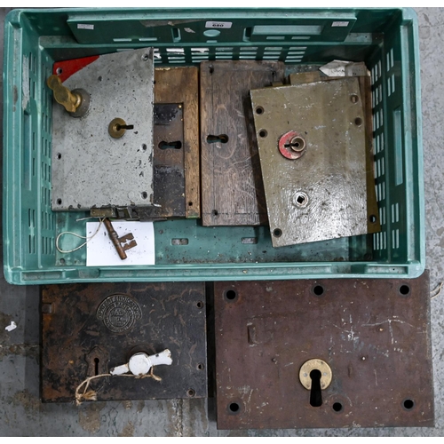 680 - Prison. Six cell door locks, four Victorian or early 20th c, several brass mounted, 25 x 35cm, one m... 