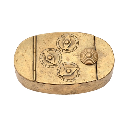 689 - An English sheet brass snuff or tobacco box, early 19th c, with three dial combination lock, 83mm l ... 