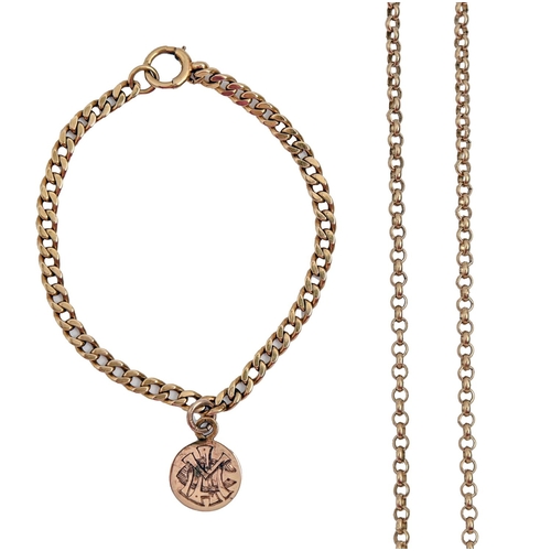 69 - A gold chain, 61cm l, marked 9ct and a gold bracelet, 15.6g (2)