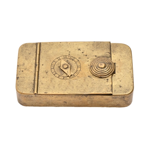 690 - An English sheet brass snuff box, early 19th c, with combination lock, 72mm l