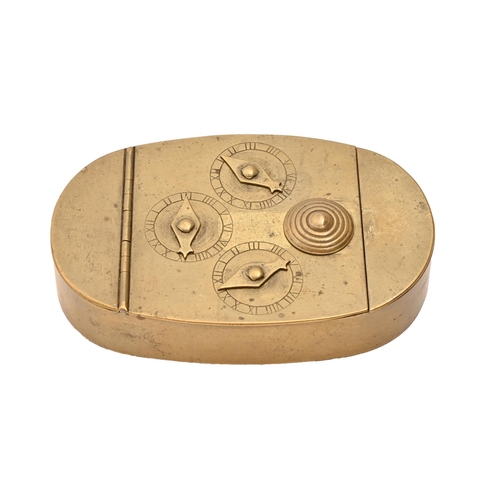 691 - An English sheet brass snuff or tobacco box, early 19th c, with three dial combination lock, 82mm l... 