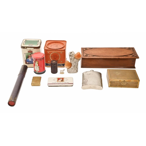 692 - An Edwardian carved oak glove box and cover, 25-35cm l, a pewter hip flask and miscellaneous tins an... 