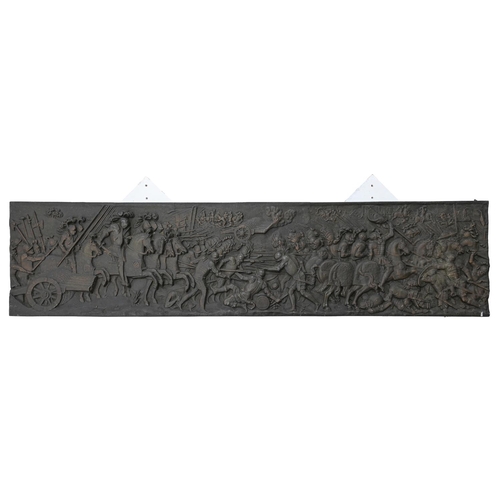 701 - A bronzed electrotype frieze of a battle, Gutave Rey & Son, in two sections, each 37 x 151cm... 