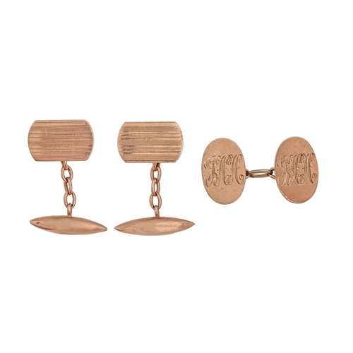 71 - A pair of 9ct gold cufflinks, engine turned, 17mm l and a 9ct gold cufflink, 6.8g (3)... 