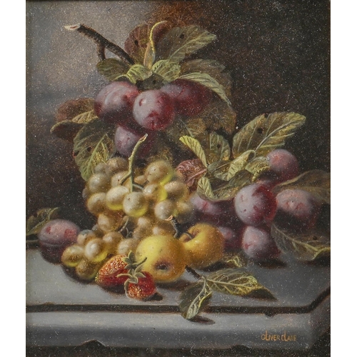 755 - Oliver Clare (1853-1927) - Still Life with Plums and other Fruit on a Stone Ledge, signed, oil on bo... 