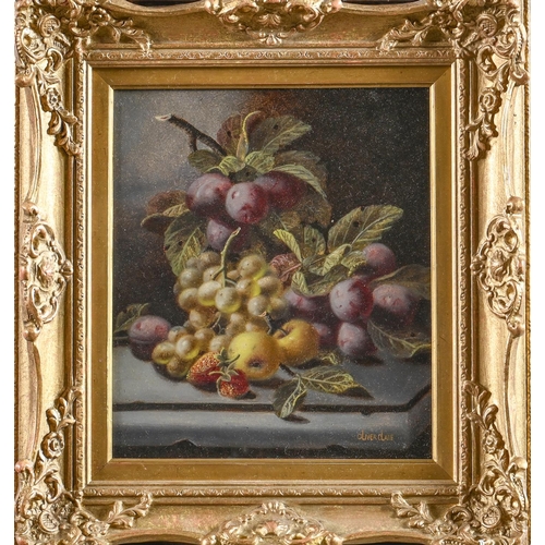 755 - Oliver Clare (1853-1927) - Still Life with Plums and other Fruit on a Stone Ledge, signed, oil on bo... 