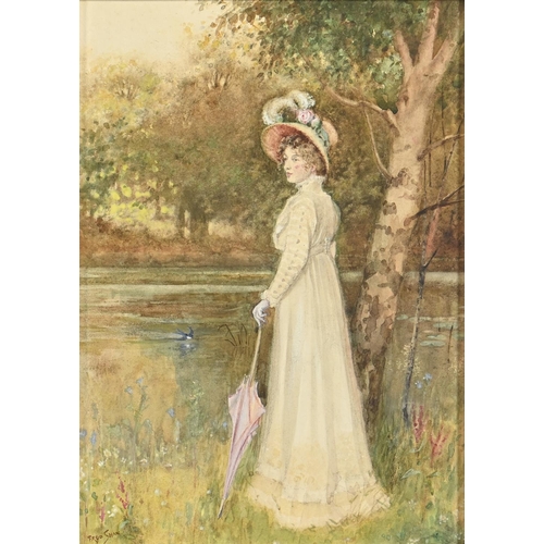 756 - Frederick Shaw (1848-1923) - Young Woman by a River, signed watercolour, 32 x 23cm