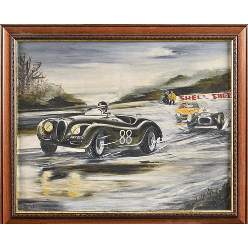 759 - Sylvia Smith, 1965 - Jaguar XK120 in the Lead, signed and dated Jul '65, oil on canvas, 59 x 75cm... 