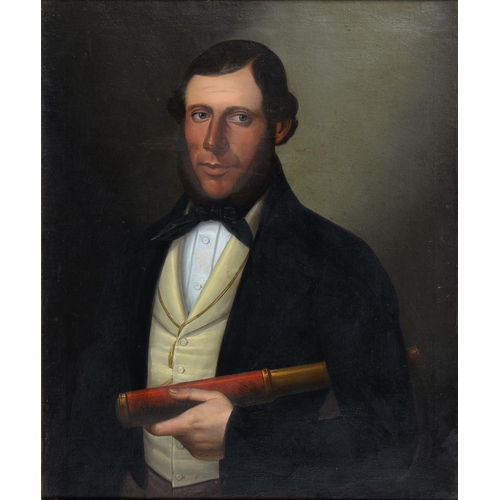 760 - American School, 19th c (ascribed) - Portrait of a Man, half length, in black cravat and coat, gold ... 