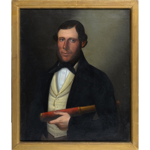 760 - American School, 19th c (ascribed) - Portrait of a Man, half length, in black cravat and coat, gold ... 