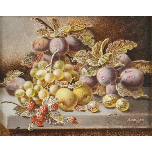 767 - Oliver Clare (1853-1927) - Still Life with Plums, Grapes and other Fruit on Stone Ledge, signed and ... 