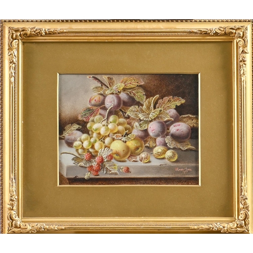 767 - Oliver Clare (1853-1927) - Still Life with Plums, Grapes and other Fruit on Stone Ledge, signed and ... 