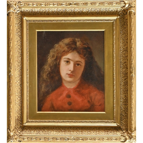 769 - English School, 19th c - Portrait of a Girl in a Red Dress, head and shoulders, bears signature, oil... 