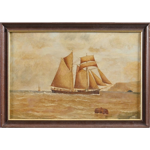 777 - Joe Wilson (19th / 20th c) - A Fore and Aft Rigged sailing Vessel off the Coast, signed, oil on canv... 