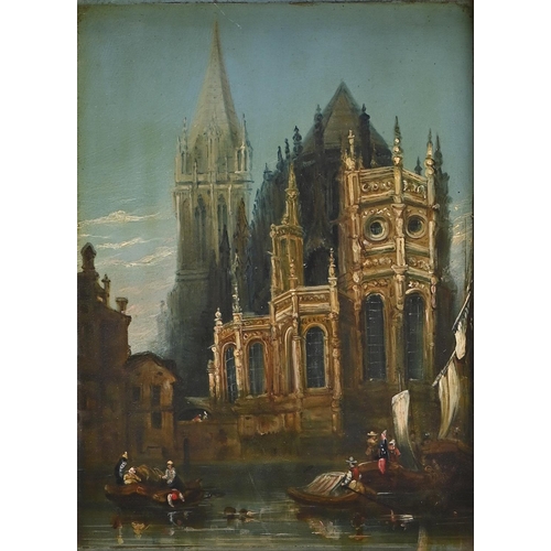 785 - Northern European School, 19th c - A Riverside Cathedral, oil on panel, 36.5 x 27cm