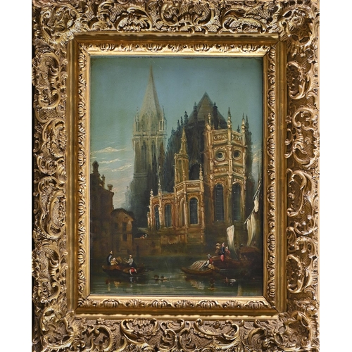 785 - Northern European School, 19th c - A Riverside Cathedral, oil on panel, 36.5 x 27cm