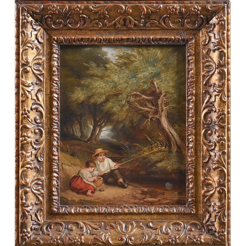 789 - English School, 19th c - Two Children by a Woodland Stream, oil on millboard, 24 x 19cm... 