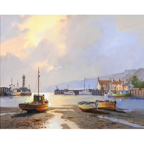 800 - Don Micklethwaite (1936-) - Harbour Scene at Sunset,  signed, oil on canvas, 38.5 x 48.5cm... 