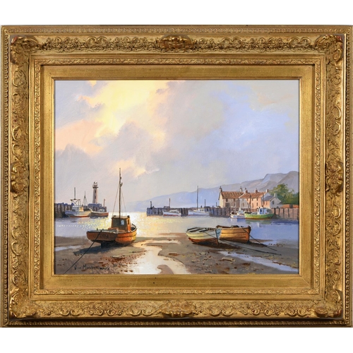 800 - Don Micklethwaite (1936-) - Harbour Scene at Sunset,  signed, oil on canvas, 38.5 x 48.5cm... 