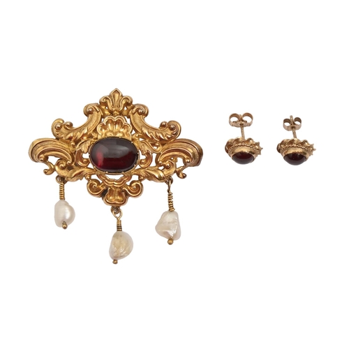 82 - An early Victorian garnet, baroque pearl and gold brooch, 46mm h and a pair of garnet cabochon ear s... 