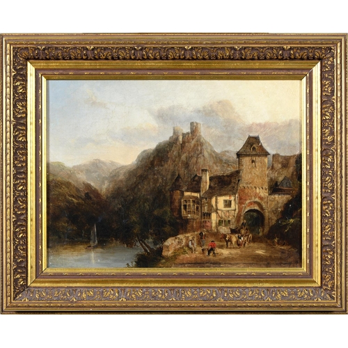 827 - English School, 19th c - Continental Mountainous Landscape with Peasants by a Fortified Gate, indist... 