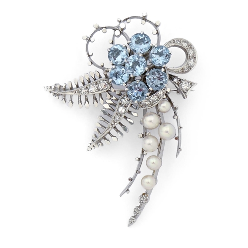 83 - An aquamarine, diamond and cultured pearl spray brooch, in 18ct white gold, 46mm, Birmingham 1968, 1... 