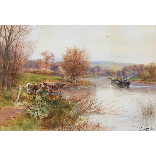 833 - Henry Charles Fox RBA (1855-1929) - River Landscape with Barge, Cattle Watering in the Shallows, sig... 