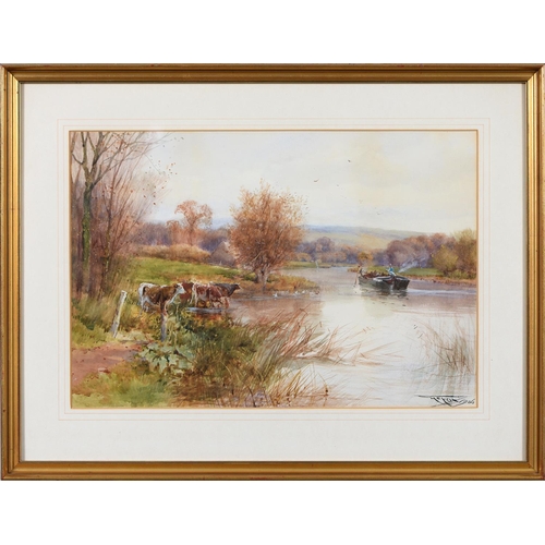 833 - Henry Charles Fox RBA (1855-1929) - River Landscape with Barge, Cattle Watering in the Shallows, sig... 